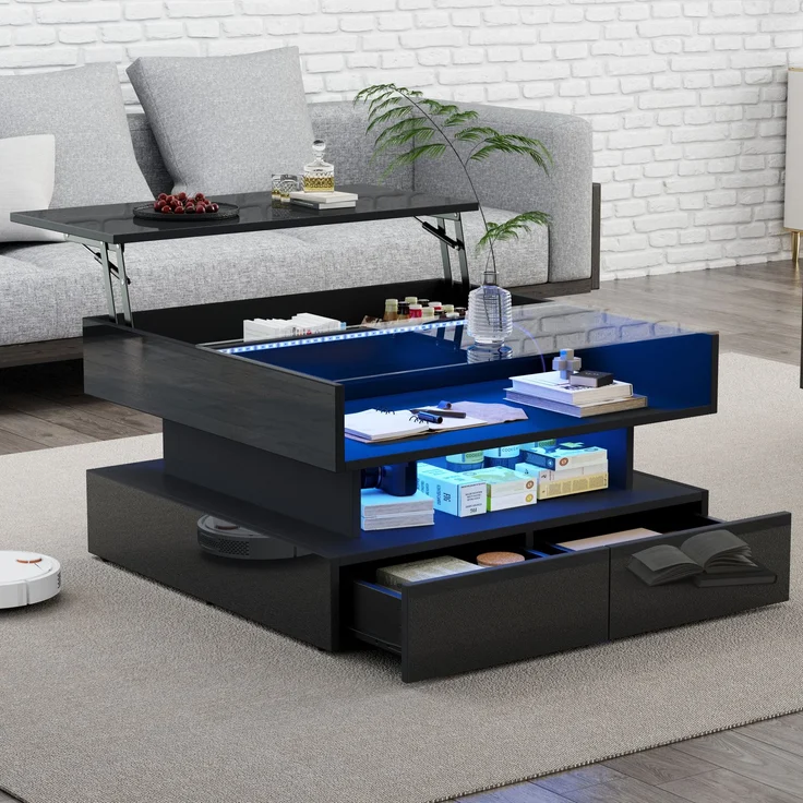 Couchtisch mit hydraulischer Hubfunktion und LED-Beleuchtung, Hochglanz Oberfläche, 2 Schubladen & gehärtetem Glas,Schwarz – Bild 2