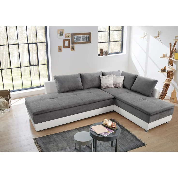 Ecksofa-Dauerschläfer Doppelbett Federkern Bettkasten Couch in Hellgrau Weiß – Bild 2