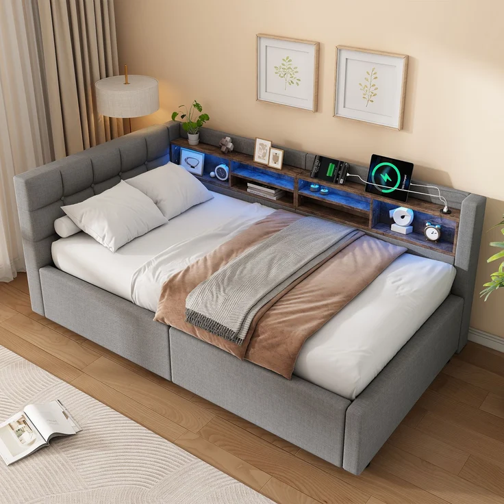 Daybett, Tagesbett, Schlafsofa,90x200cm, Ohne Matratze, Hydraulische Lagerung, mit dimmbarer LED-Leiste, mit praktischem Regal, mit USB-Anschluss, Grau – Bild 1