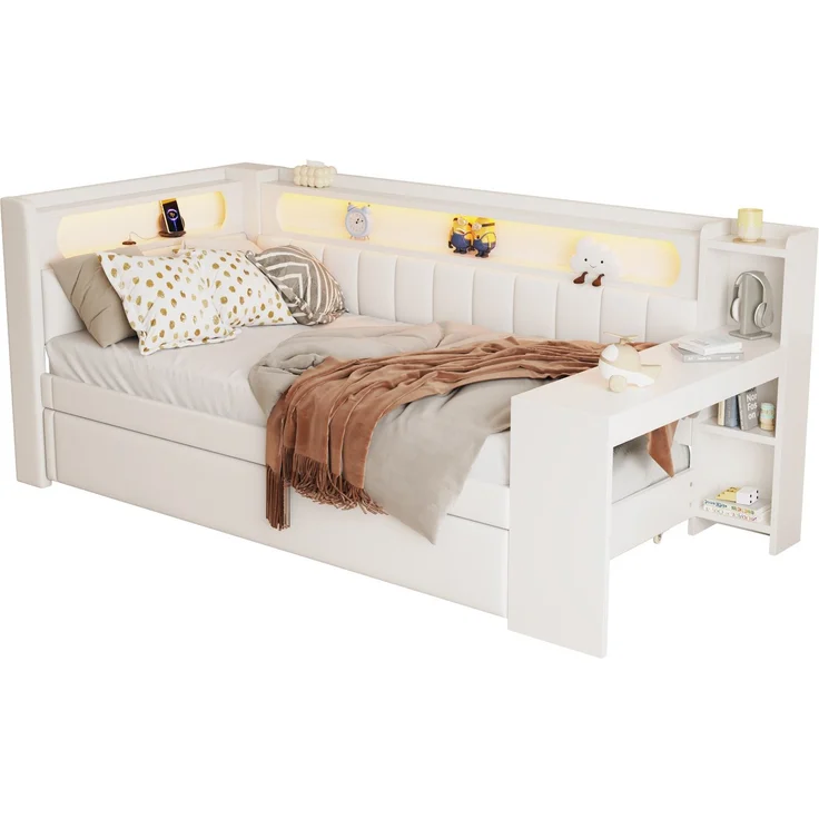 Gepolstertes 90x200 Tagesbett mit USB-Anschlüssen und LED-Gürtel, mit Ausziehbett und Schreibtisch, Weiß – Bild 1