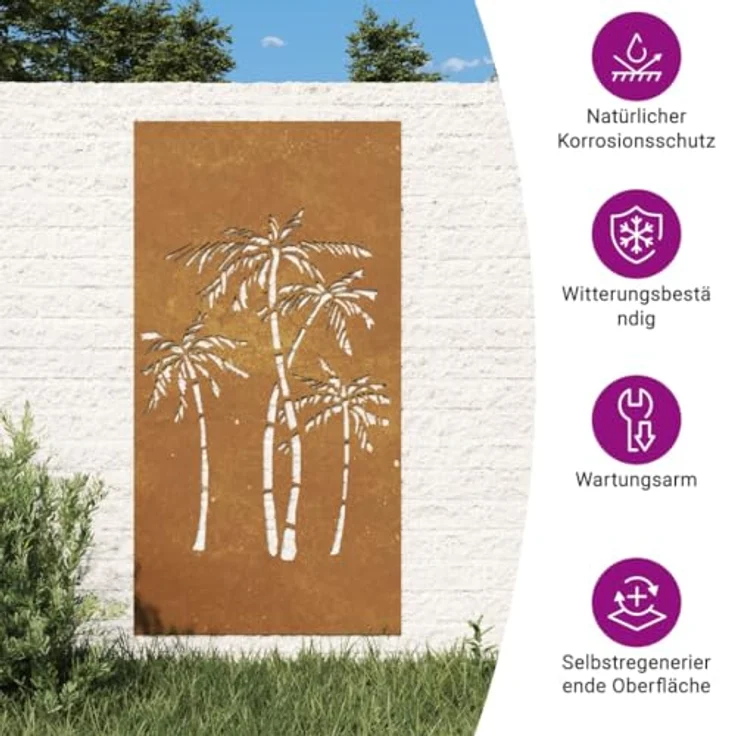 vidaXL Garten-Wanddeko Cortenstahl 105x55 cm, Palmen-Design, wetterfest und korrosionsbeständig – Bild 4