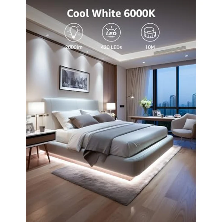 Lepro LED Strip 10M Kaltweiß, Dimmbarer LED Streifen 6000K, Selbstklebendes 2835 LED Band mit 420 LEDs, inkl. Netzteil für Innenräume und Deko – Bild 3