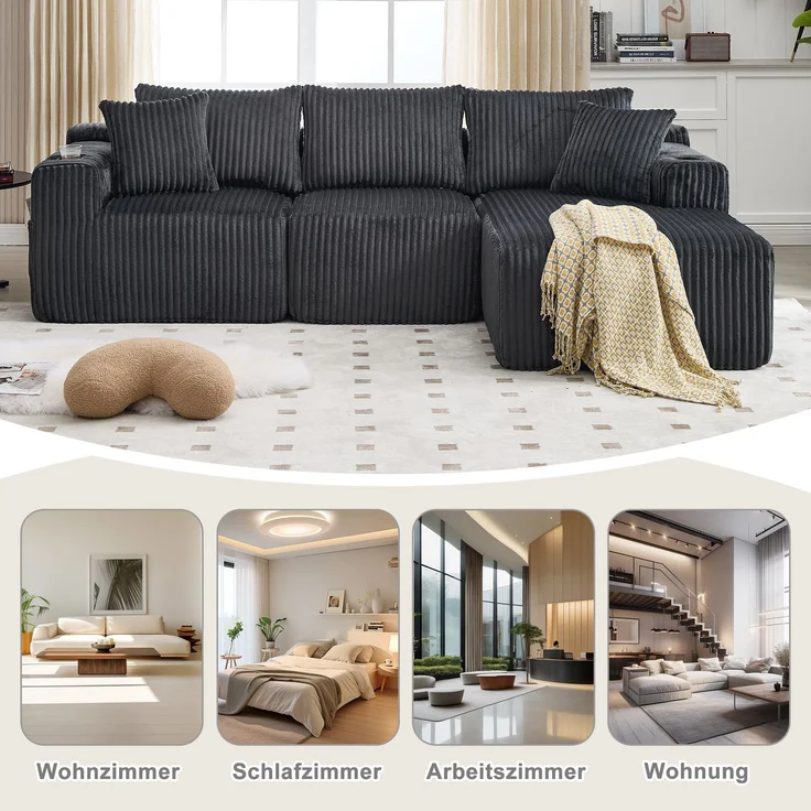 LVHOM Modulares Sofa, Ecksofa mit Schlaffunktion, L-Form Couch mit Chaiselongue, 3-Sitzer Sofa, Polstersofa Cordstoff, 257x160x62 cm – Bild 8