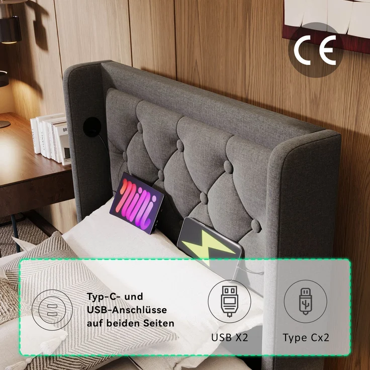 Polsterbett 90x200 cm Grau mit 3-seitiger LED-Beleuchtung, Wingback Kopfteil & USB Typ-C Ladefunktion,hydraulischer Stauraum – Bild 6
