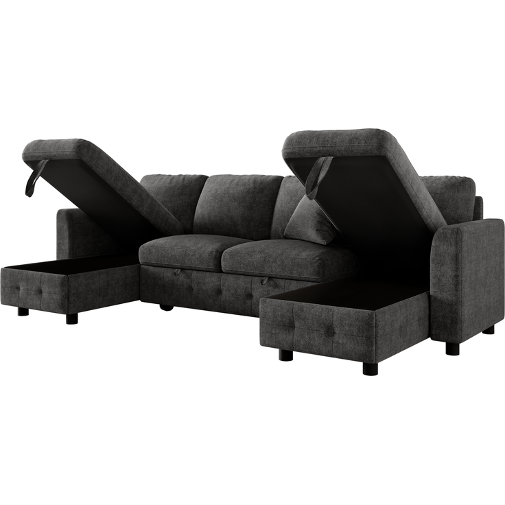 Merax U-Form Chenille Sofa mit Schlaffunktion, Schlafsofa mit 2 Stauraum-Chaiselongues, ausziehbares Schlafsofa mit 1× USB & 1× Type-C Ladeanschluss, mit 2 Kissen, Grau, 260×128×82 cm – Bild 9