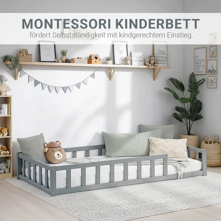 Kinderbett 90x200 mit Matratze Bodenbett mit Rausfallschutz Grau Montessori Bett Kleinkindbett Holz Kiefer Massiv – Bild 6