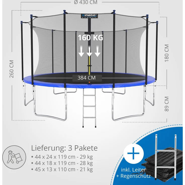 KINETIC SPORTS Trampolin Outdoor 'Salto Plus' - Komplett-Set für Kinder, USA Sprungtuch, Netz, Randpolster, Leiter, Blau-2, Ø 430 cm – Bild 7