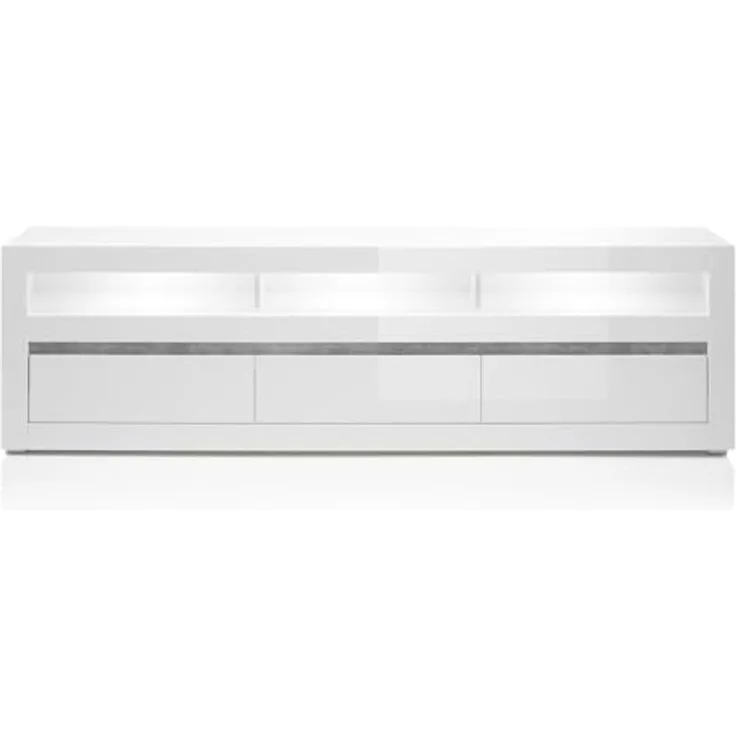 Lomadox Lowboard COGO-61, weiß Hochglanz inkl. LED und Griffmulden in Betonoptik 217x63x42cm