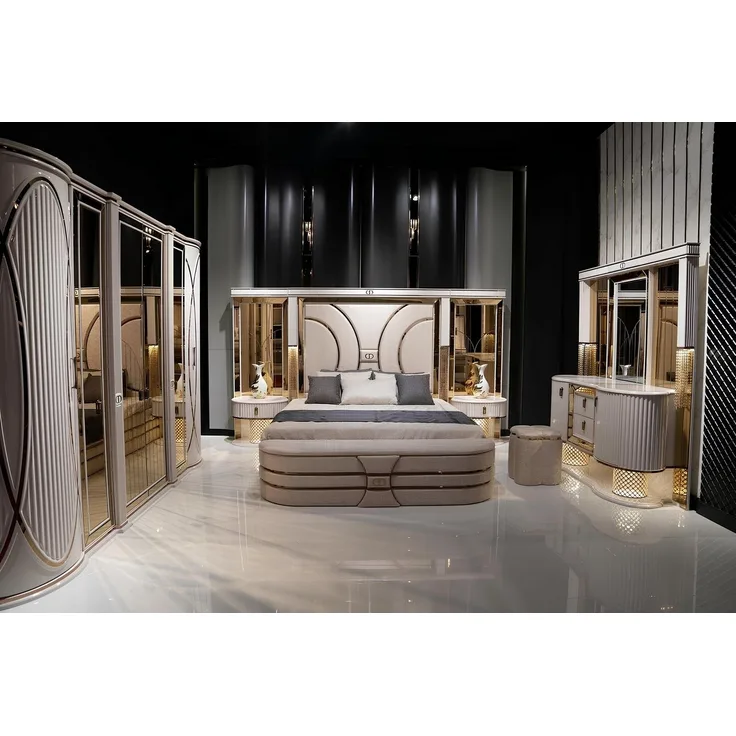 JVmoebel Komplettschlafzimmer Schlafzimmer Set Komplettes Bett 2x Nachttische Kleiderschrank Neu, (7-tlg, Bett,Kleiderschrank, 2x Nachttische,Hocker,Schminktisch-mit-Spiegel), Made in Europa