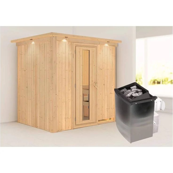Karibu Sauna Bodin mit Dachkranz + 9kW Saunaofen mit integrierter Steuerung Graphit-Ganzglastür – Bild 1