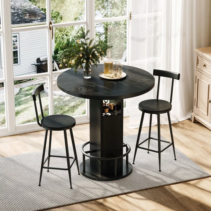 3-teiliges Bar-Tisch- und Hocker-Set 31,5-Zoll-Rundtisch mit zwei Hockern Holz-Esstisch mit ringförmiger Fußstütze aus Metall Geeignet für Esszimmer, Cafés, Bars, Wohnzimmer usw, Schwarz--Schwarz--80x80x91.5cm--YOUDENOVA – Bild 2