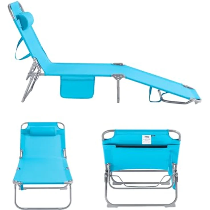 SoBuy OGS35-B Gartenliege, klappbar mit Seitentasche und Kopfkissen, blau, für Garten, Balkon und Strand, belastbar bis 110 kg – Bild 9