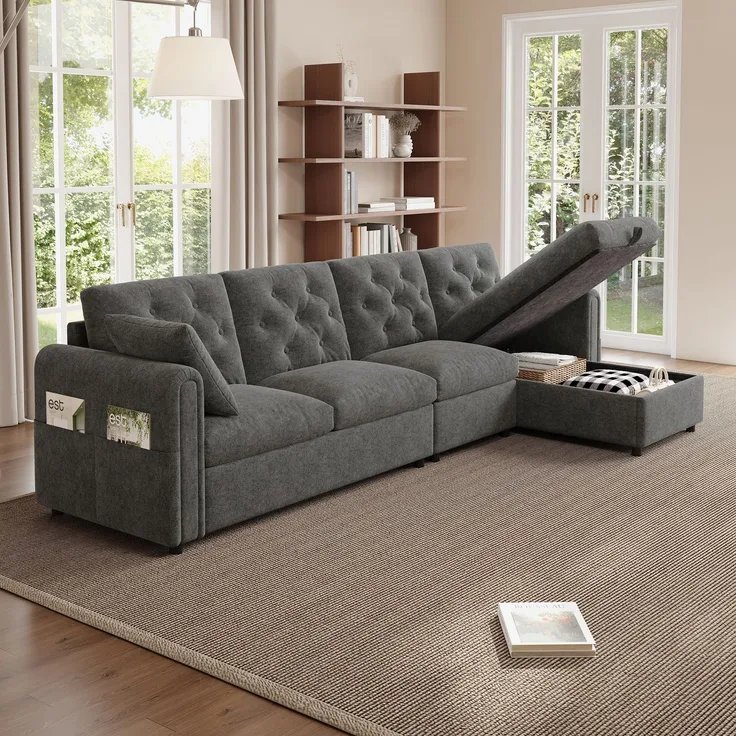 EINHOM Moderns sofa mit Stauraum im Eckbereich , L-förmiger Stauraum im Eckbereich links und rechts verstellbar, Seitliche Armlehnen mit Magazintaschen, Rückenlehne mit Knopfheftung. Grau. (281 x 86 x 71 cm)