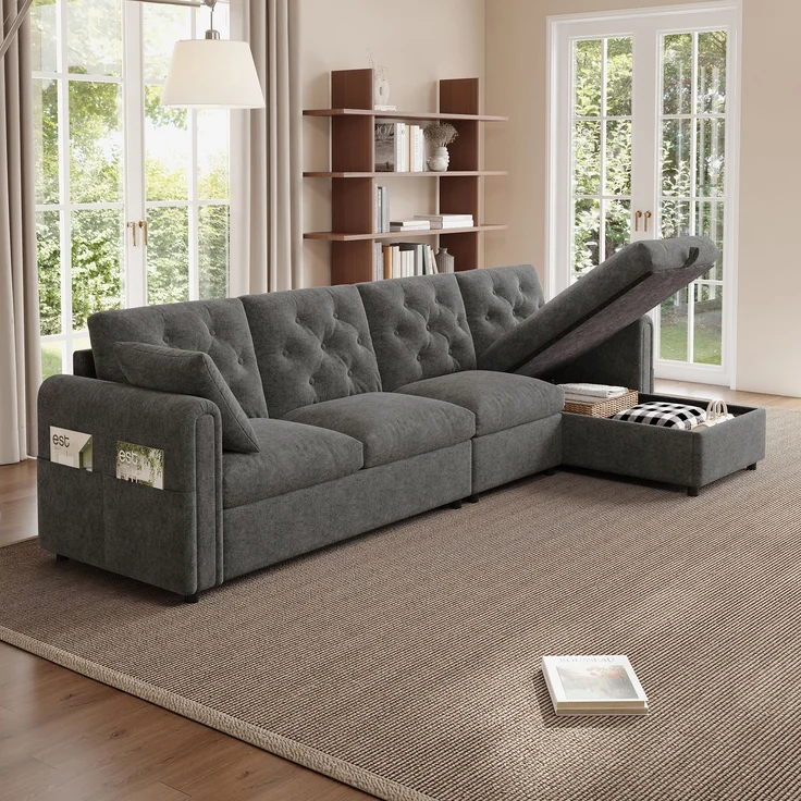 EINHOM Moderns sofa mit Stauraum im Eckbereich , L-förmiger Stauraum im Eckbereich links und rechts verstellbar, Seitliche Armlehnen mit Magazintaschen, Rückenlehne mit Knopfheftung. Grau. (281 x 86 x 71 cm) – Bild 1
