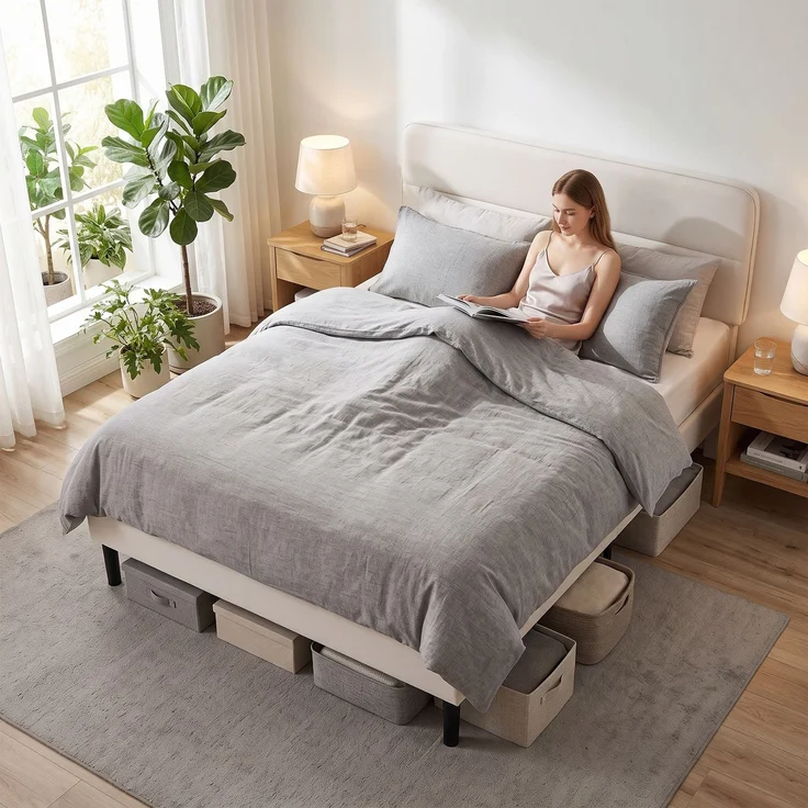 HOMCOM Bettgestell, Polyester, Sperrholz, Beige, 153 x 207 x 115 cm – Bild 9
