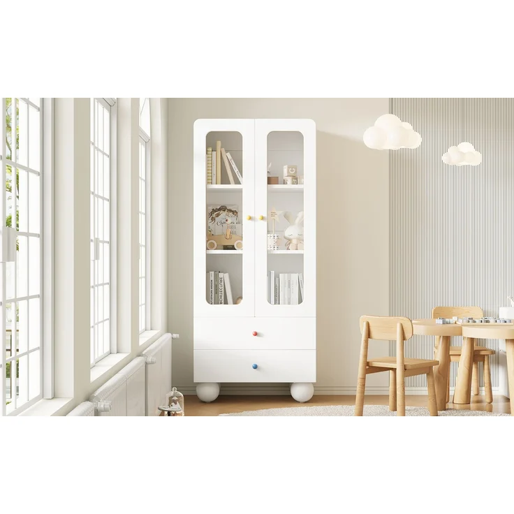 ZUBALIYA Glasvitrine, Kinder-Aufbewahrungsschrank, Bücherregal mit Schubladen, Büroschrank, Figurenvitrine, Bunte Keramikgriffe, Kugelförmige Schrankfüße,, Multifunktionsschrank, Weiß, 60 x 35 x 140 cm – Bild 19