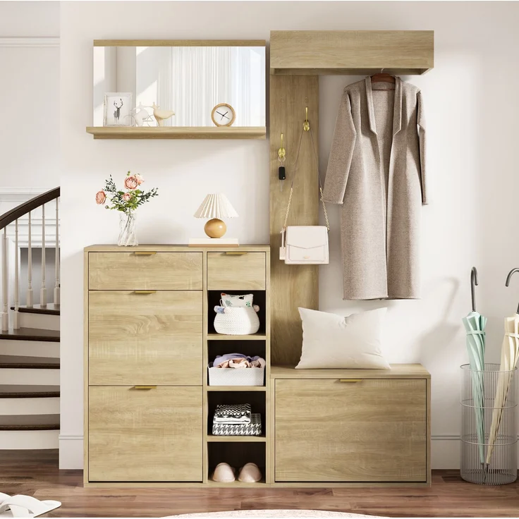Garderobenset 4-teilig mit Schuhschrank, Sitzbank und Spiegel, 130x30x174 cm, Natur – Bild 4