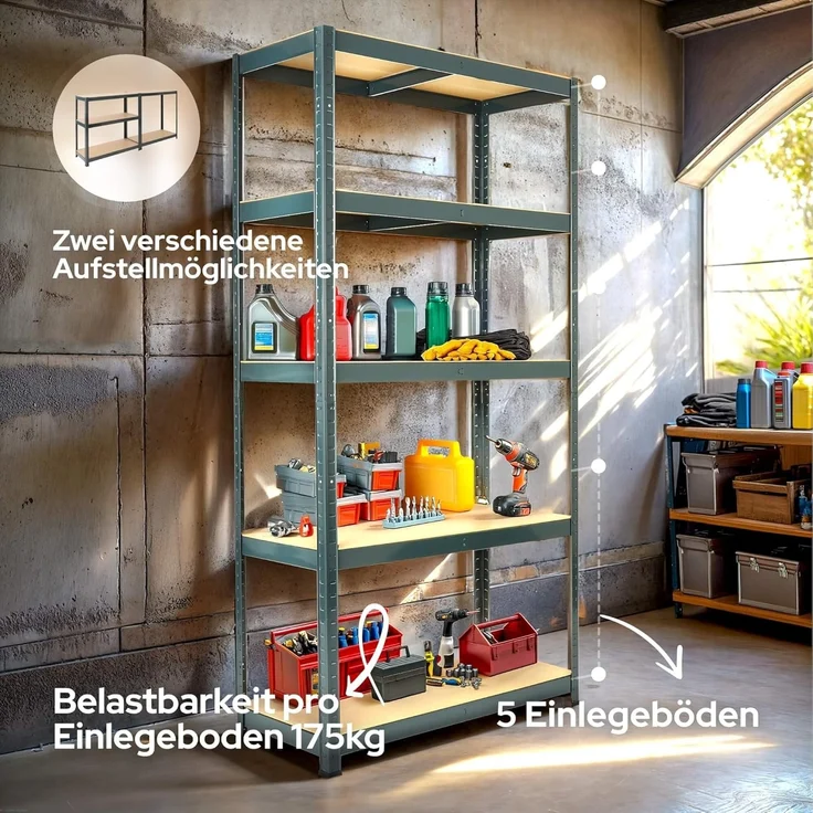 Arebos Schwerlastregal 2er Set | 180 x 90 x 30 cm | 875kg Tragkraft | 0,63 mm | 5 MDF-Platten | Regal Lagerregal Kellerregal Steckregal Werkstattregal | Schwarz – Bild 2