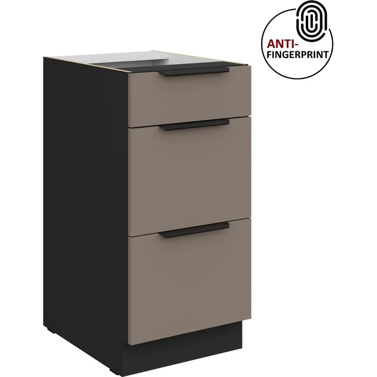 Küchen Unterschrank 40 cm Küche ARIA Sandgrau ultra matt + Schwarz matt, hochwertige Fronten mit Anti Fingerprint Beschichtung, Soft-Close Küchenzeile Küchenblock