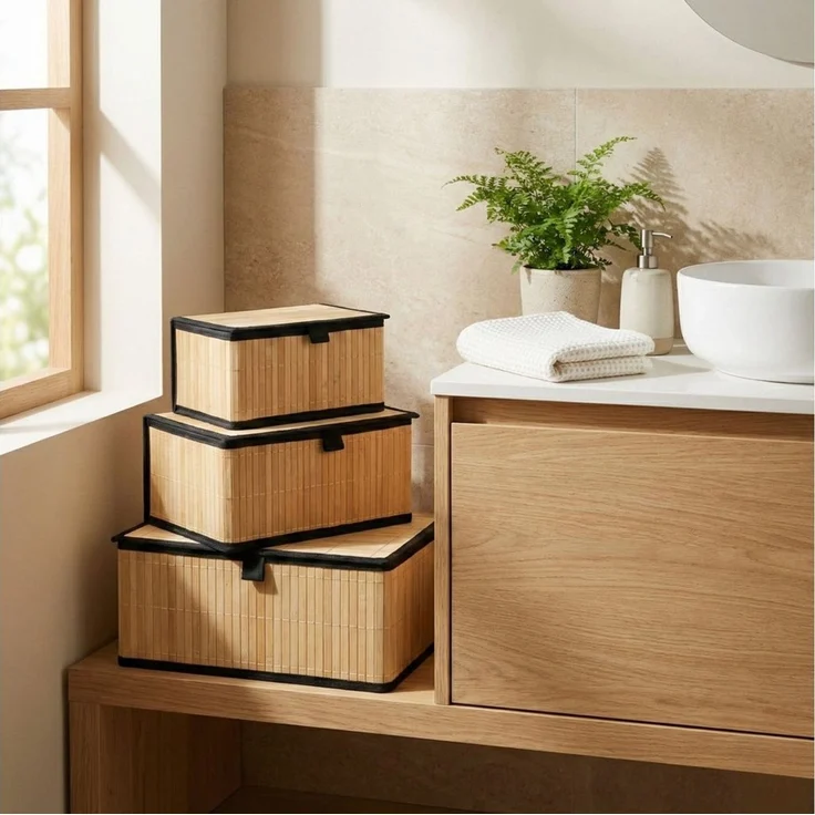 BOXIMO Aufbewahrungsbox Verschließbare Körbe in drei Größen TILVA, 3er-Set (Set, 3-teiliges Set (3 Boxen mit Deckel), Bambusmaterial, faltbar, rechteckig, mit Deckel, für Haushalt – Bild 1