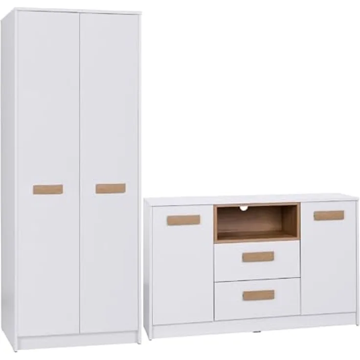 Marmex Möbel Grant Set-S Jugendzimmer-Set 2-teilig mit Kleiderschrank mit Kleiderstange, Kommode mit Schubladen, Jugendzimmer, Wohnzimmer, laminierte Spanplatte, weiß+riviera Eiche, 197,5x195x55 cm