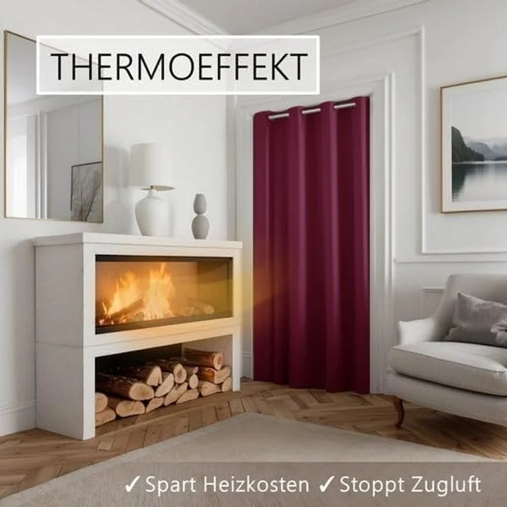 tinycurtains Türvorhang mit Stange weiß 70-120 cm Thermo Vorhang ohne Bohren, blickdicht, Ösen, verdunkelnd, Polyester, bordeaux rot Berry, Türgardine mit Klemmstange Raumtrenner Vorhang Tür – Bild 3