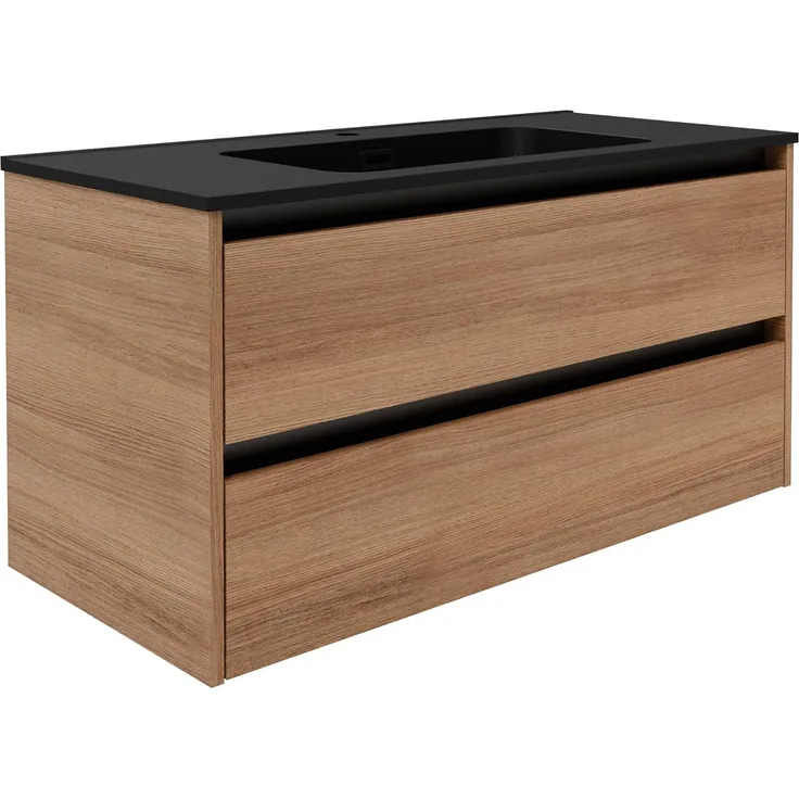 FACKELMANN VITA Waschbecken mit Unterschrank 101 cm breit, Braun hell, Waschbecken Gussmarmor Schwarz matt