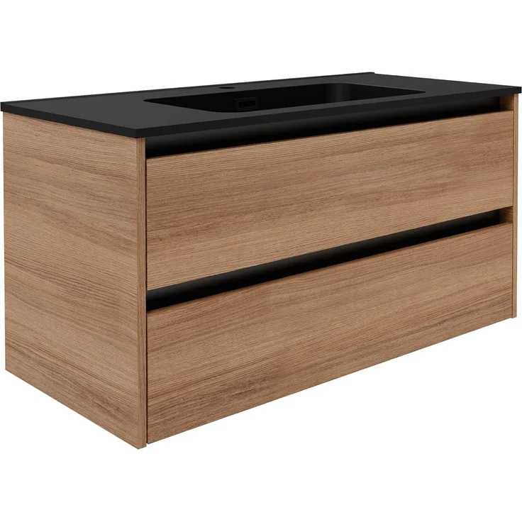 FACKELMANN VITA Waschbecken mit Unterschrank 101 cm breit, Braun hell, Waschbecken Gussmarmor Schwarz matt – Bild 1