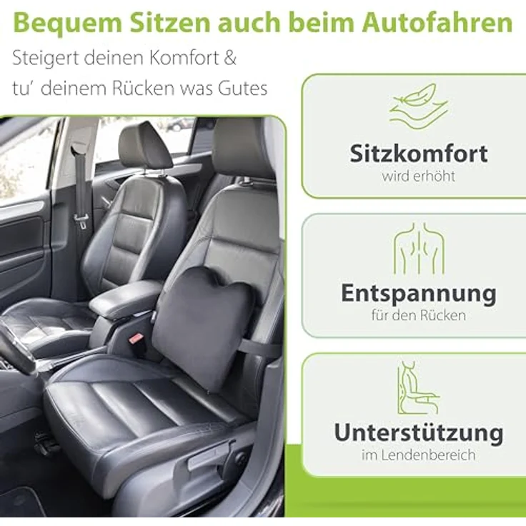 feela.® Ergonomisches Rückenkissen für Auto- und Bürostühle | Gedächtnisschaum-Lordosenstütze mit verstellbaren Gurten, Schwarz – Bild 2