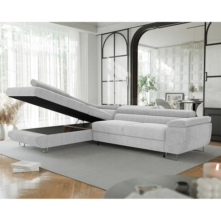 Idohome Ecksofa (Ausrichtung links) mit Schlaffunktion und Bettkasten, komfortable, verstellbare Kopfstützen, 274x203 cm, Lichtfarbe – Bild 4