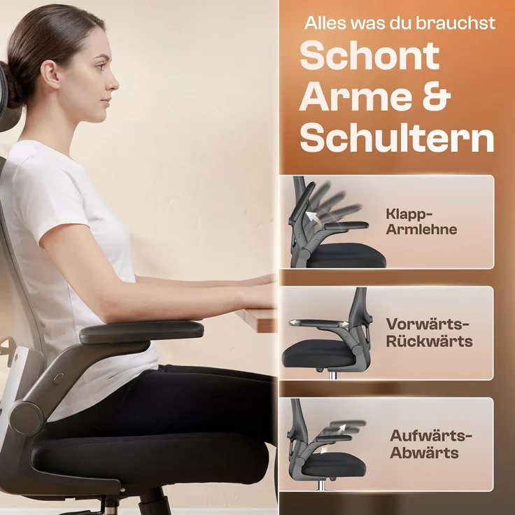 LUTIVO Bravo, ergonomischer Bürostuhl, Rückenlehne mit Mesh Bezug, 3D-Armlehnen, 3D-Kopfstütze, ViperWheels, Schwarz – Bild 4
