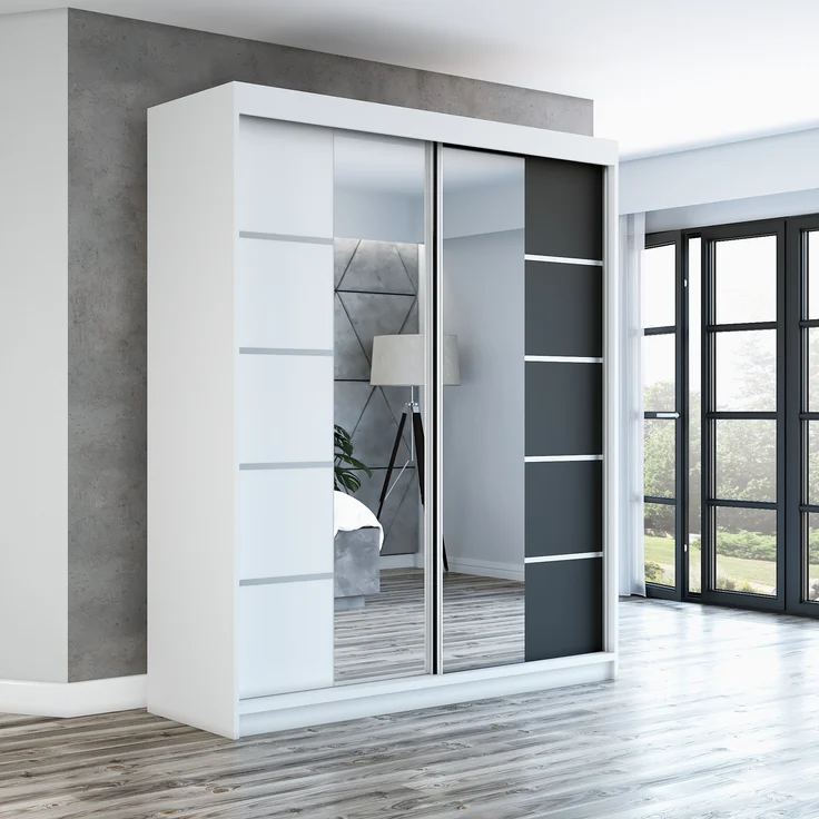 Schwebetürenschrank ERA 2-türig Schrank 160 cm (mit Spiegel) Farbe: Weiß , schwarz – Bild 2