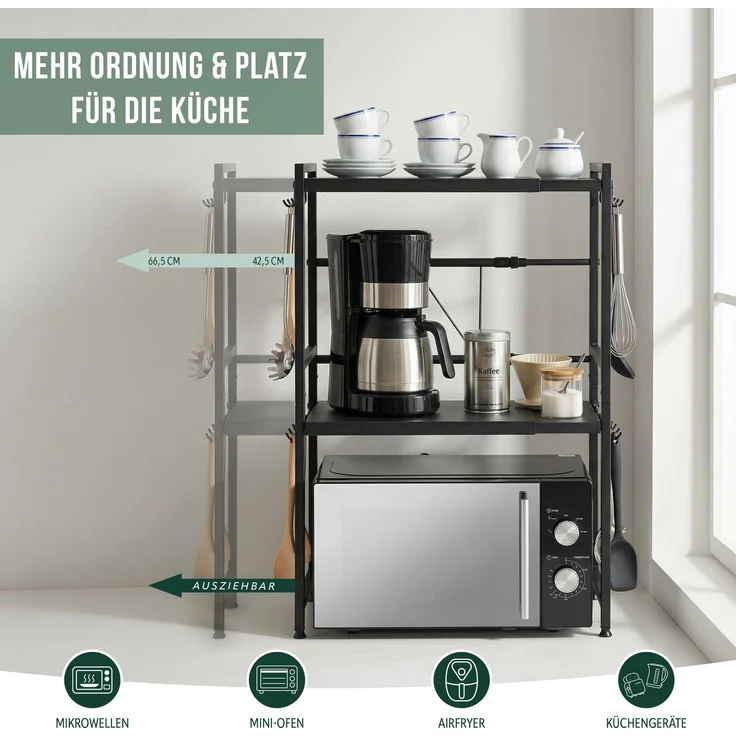eluno 3-stufiges Mikrowellenregal, ausziehbares Küchenregal, aus schwarzem Metall – Bild 2