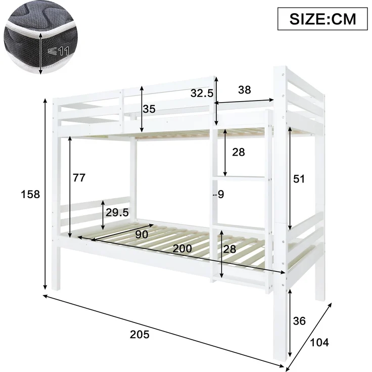 Bett 90x200 cm Etagenbett teilbar mit Leiter und Absturzsicherung – weißes Kiefernholz, platzsparend für Kinder – Bild 9