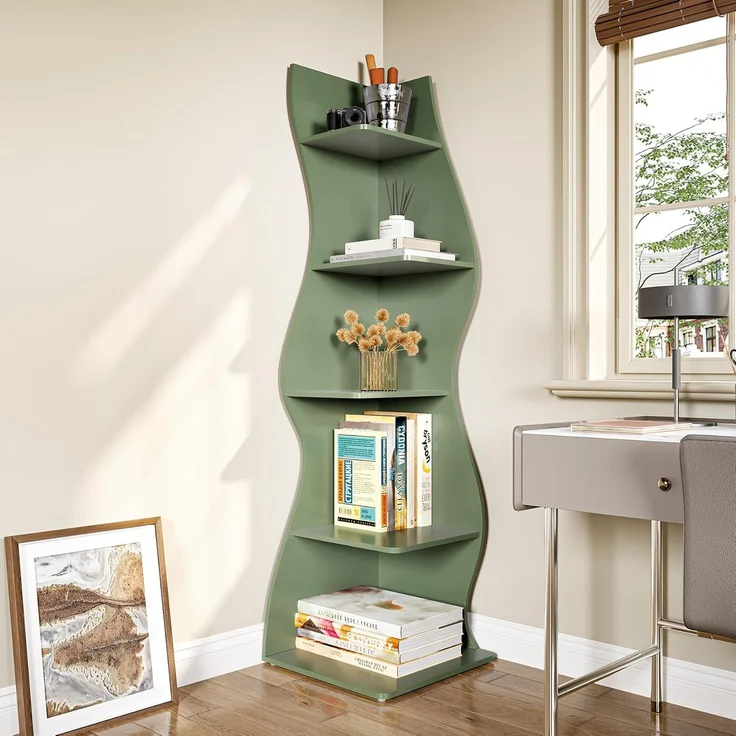 LITTLE TREE Kleines Eckregal, modernes 5-stöckiges Wandeck-Bücherregal, stilvolles Bücherregal, Aufbewahrungsregal für kleinen Raum, Wohnzimmer, Schlafzimmer – Bild 4