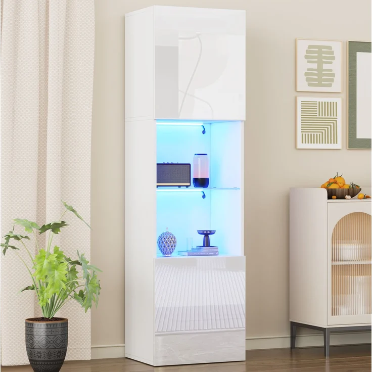 DESVIAE Vitrine mit LED-Beleuchtung und Glasboden, 45x160x35 cm, Spanplatte, Weiß Hochglanz – Bild 3