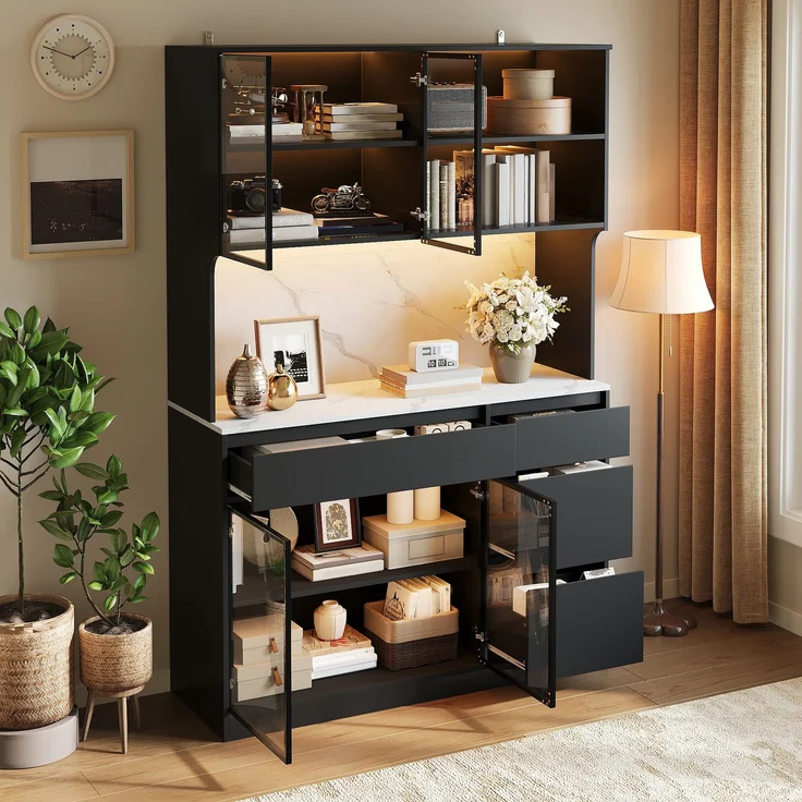 ZUBALIYA Vitrine, mit Schubladen, mit Stauraum, mit LED-Beleuchtung, H 180 × T 40 × B 120 cm, Schwarz / Weiß, MDF – Bild 2