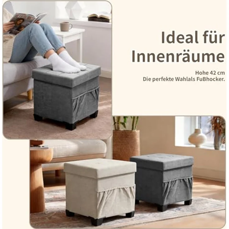 Zedelmaier Sitzhocker mit Stauraum, Hocker mit Holzfüßen,Aufbewahrungsbox mit Deckel,Fußhocker, bis 300 kg belastbar, für Eingang, Wohnzimmer, Schlafzimmer (Grau) – Bild 4