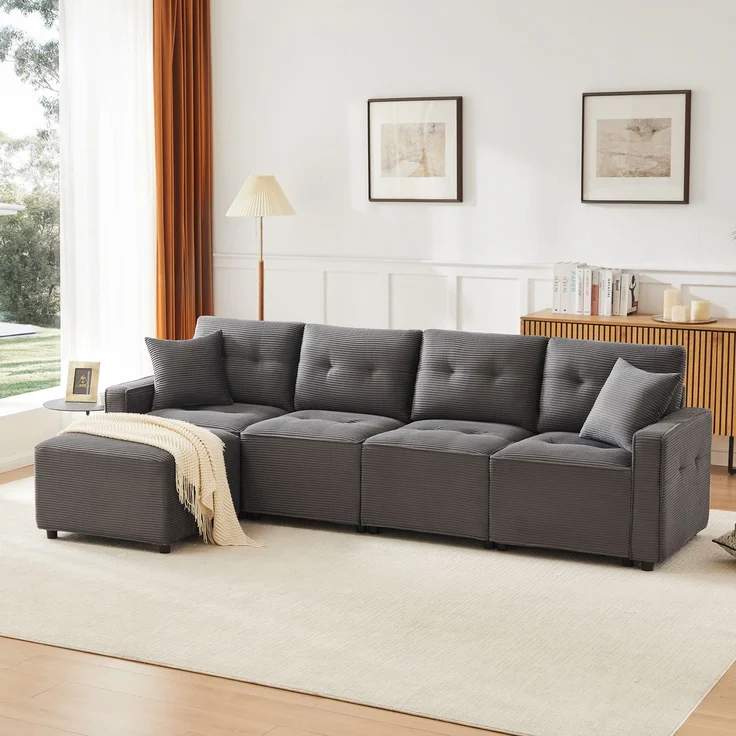 Merax 280cm Großes Sofa, 4-Sitzer Corduroy Sofa, mit Stauraum unter den Sitzflächen, inklusive eines frei platzierbaren Hockers, Grau – Bild 6