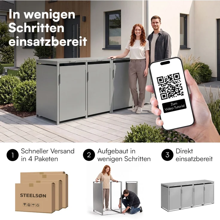 STEELSØN 'Thoria' Mülltonnenbox 4er je 240 Liter, grau, Mülltonnenverkleidung aus Stahl, wetterfest, 116x80x268 cm, Müllbox für 4 Tonnen – Bild 10