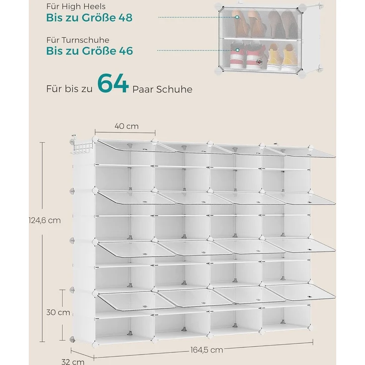 SONGMICS Schuhregal, Schuhschrank, für Garderobe und Eingangsbereich, anpassbar, 16 Fächer, für bis zu 64 Paar Schuhe, wolkenweiß-transparent LPC045WH01 – Bild 3