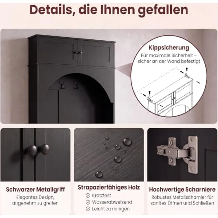 IRONCK Garderobenständer, Garderobe mit Sitzbank und Schuhregal Schwarz | Flurmöbel mit Oberschrank, 4 Dreifach-Haken und 7 Schubfächern, Kleiderständer, Eingangsmöbel für Schlafzimmer 100x35x186 cm – Bild 8