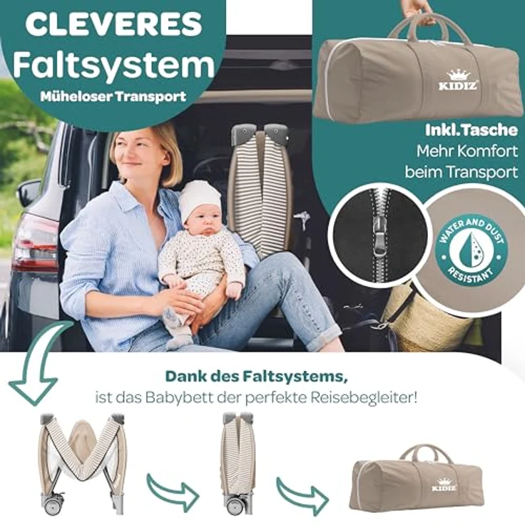 KIDIZ® Babybett Reisebett Kinderreisebett Faltbar mit Matratze 120x60, Seiteneingang, Wickelauflage, Mosktionetz, Spielbogen & Tragetasche Baby Beistellbett Kinderbett ab Geburt bis 15 kg Schwarz – Bild 3