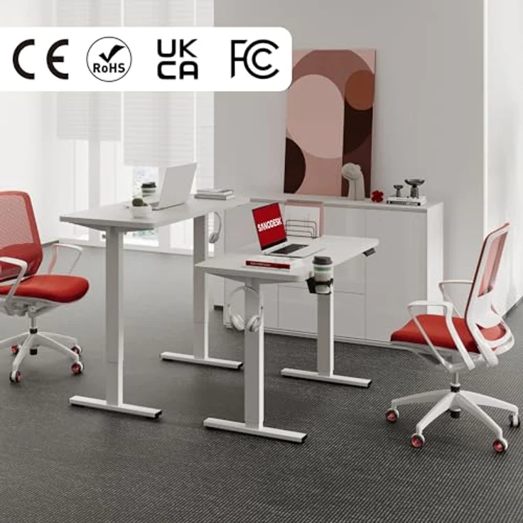 SANODESK Höhenverstellbarer Schreibtisch mit VOLLSTÄNDIGER TISCHPLATTE, 4 Zubehörteilen (Becherhalter, Haken, Aufbewahrungsbox, Kabelmanagement), ergonomisch für Büro und Homeoffice, Weiß, 110x54 cm – Bild 3