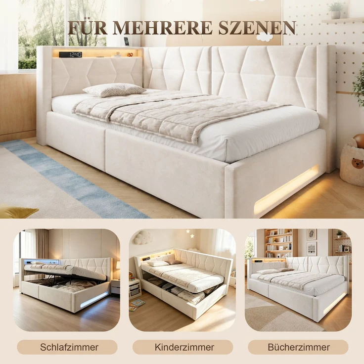 LVHOM Einzelbett 90x200 cm mit Stauraum, Polsterbett mit LED, USB und Type-C, Jugendbett, Hydraulischem Bettgestell, Samt, Beige – Bild 8