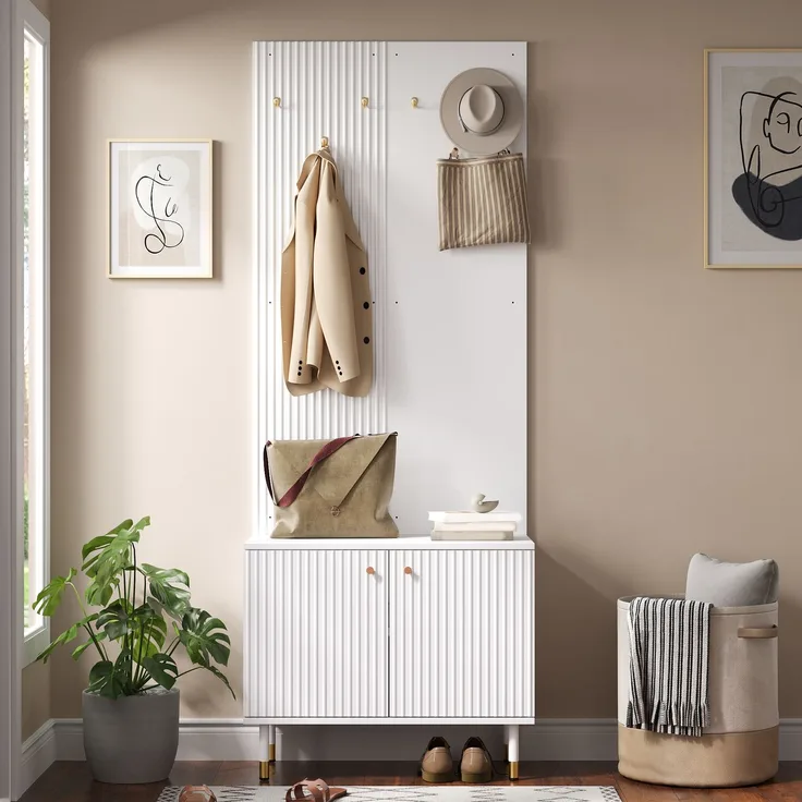 Merax Garderobenschrank, Kleiderablage,Schuhschrank, Diele Kombischrank, Standgarderobe, Staurschrank, Schuhaufbewahrung, Garderobenwand mit Haken, zylindrische Metallfüße