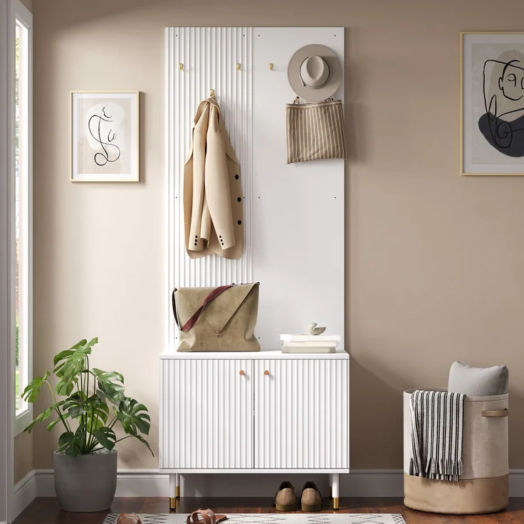 Merax Garderobenschrank, Kleiderablage,Schuhschrank, Diele Kombischrank, Standgarderobe, Staurschrank, Schuhaufbewahrung, Garderobenwand mit Haken, zylindrische Metallfüße – Bild 1