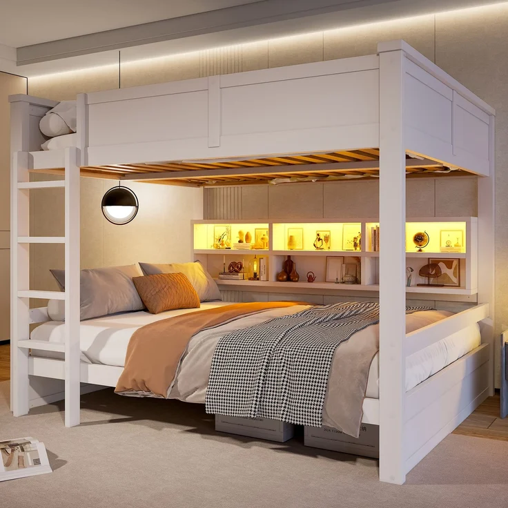 160x200 Etagenbett mit Stauraumschränken und LED-Licht, Weiß – Bild 2