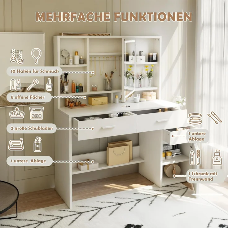 JUMMICO Schminktisch mit LED-Beleuchtung, Einstellbare Helligkeit&Farbtemperaturen, Organizer Schminktisch Spiegel mit Licht, Frisiertisch mit Schubladen und verstellbaren Ablagen, Maße: 117 x 40 x 140 cm – Bild 2