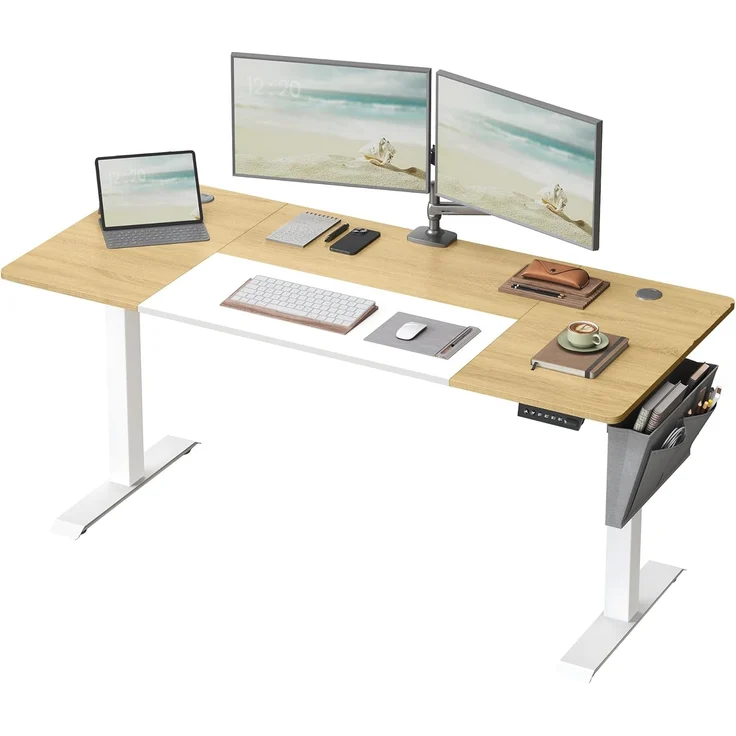 Songmics Höhenverstellbarer Schreibtisch elektrisch, 70x160 x (72-120) cm, stufenlos verstellbar, gespleißte Platte, Memory-Funktion mit 4 Höhen, pastellgelb-basisweiß LSD026N01 – Bild 1